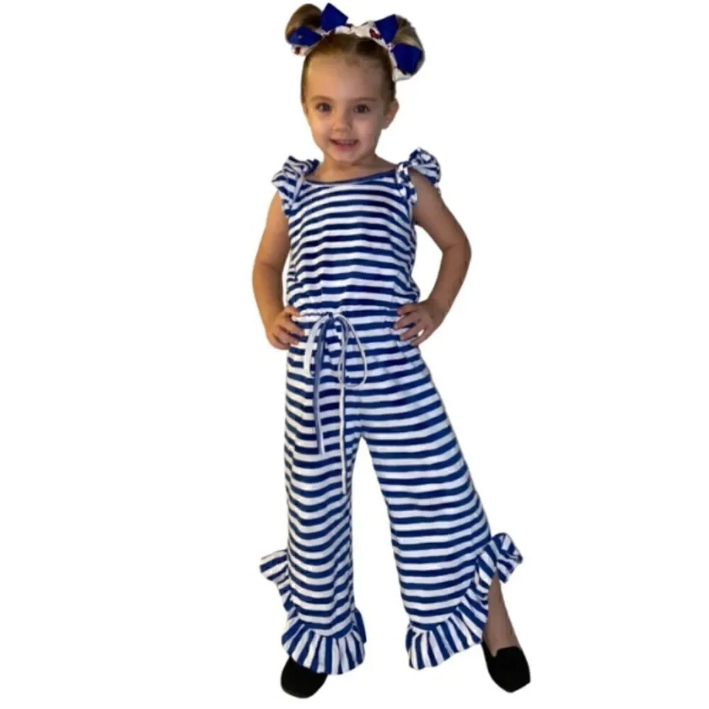 61. Girls Blue/White Stripe Drawstring romper NWT